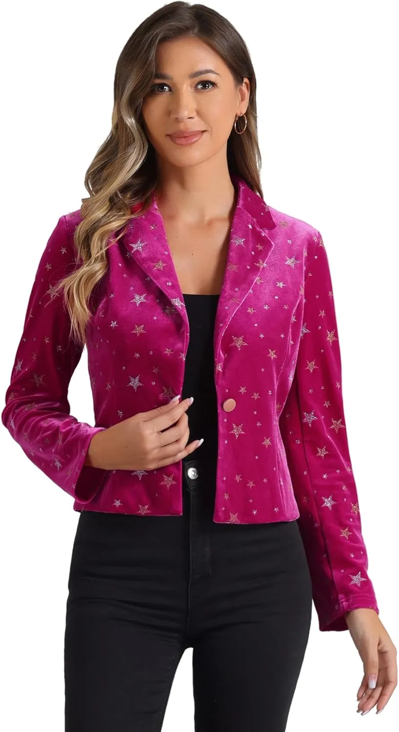 Allegra K Printed Velvet Blazer for Women's 1 Button Business Office Crop Halloween Metallic Stars Jacket Suits