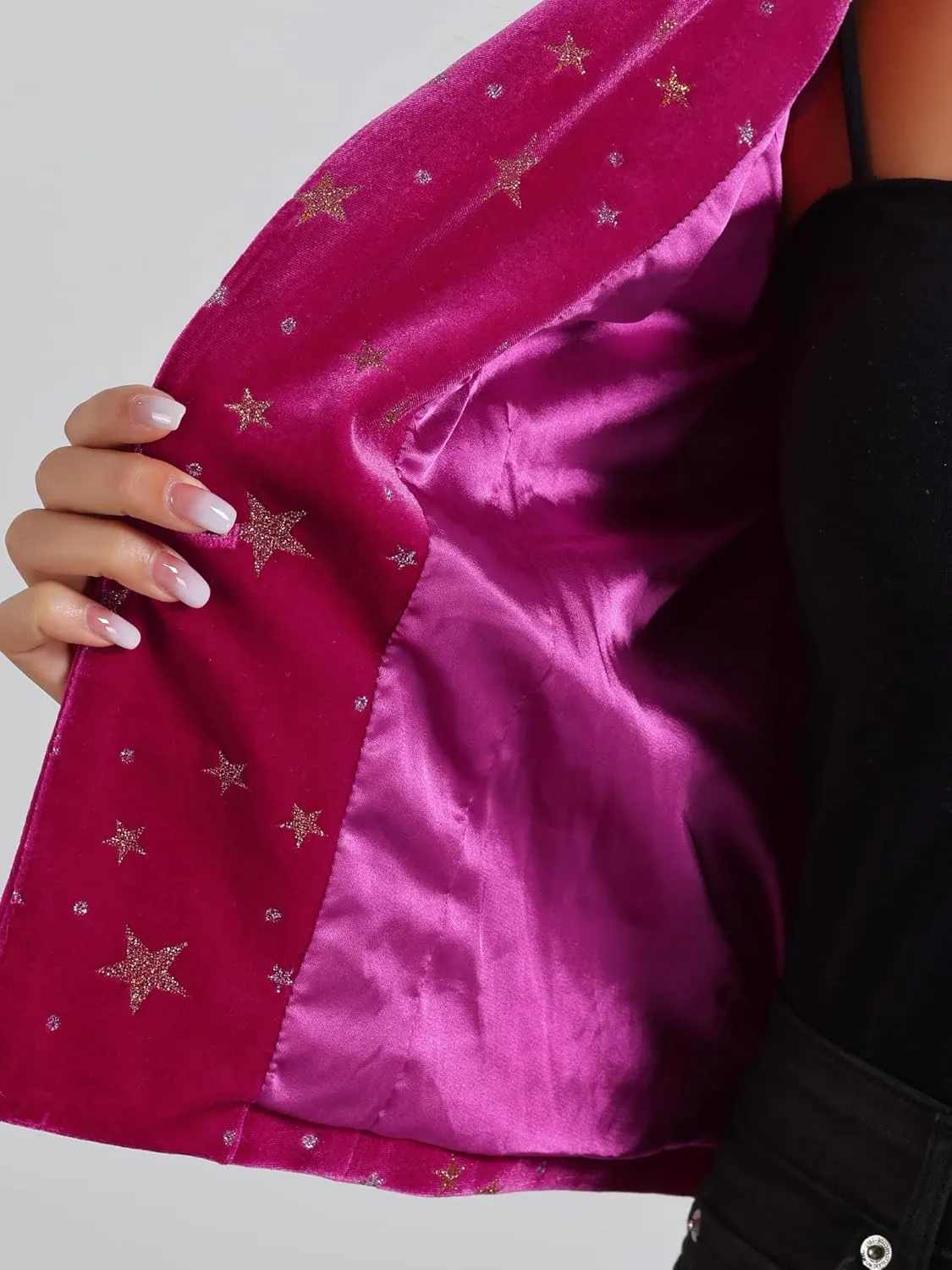 Allegra K Printed Velvet Blazer for Women's 1 Button Business Office Crop Halloween Metallic Stars Jacket Suits