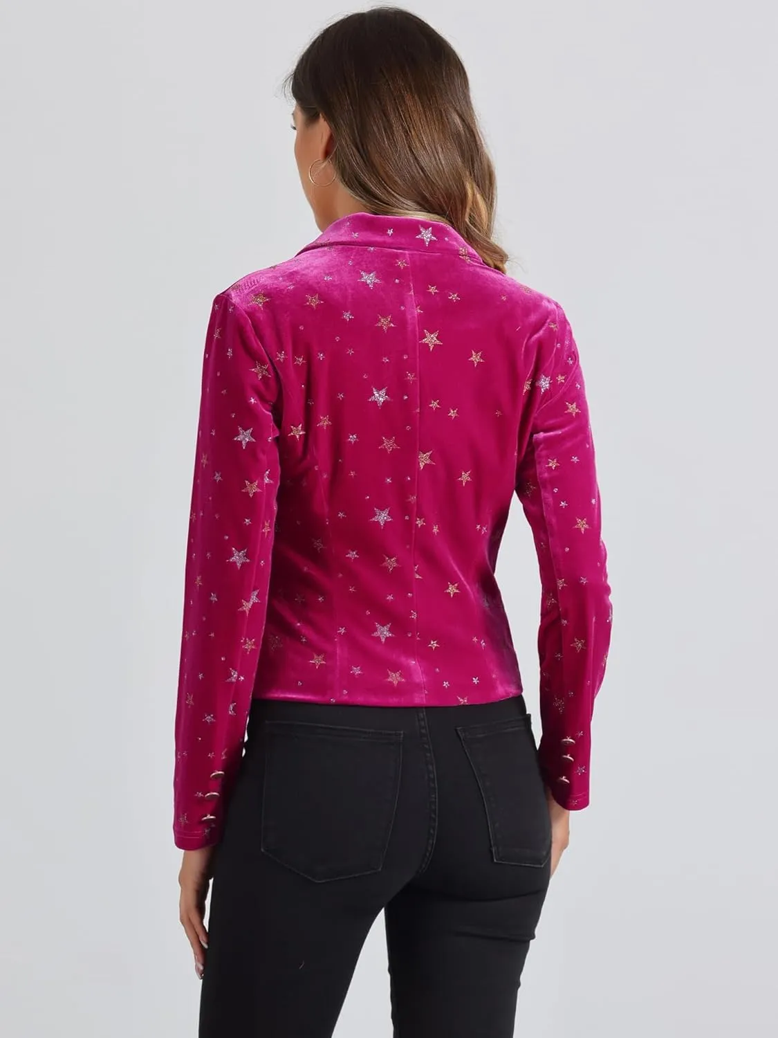 Allegra K Printed Velvet Blazer for Women's 1 Button Business Office Crop Halloween Metallic Stars Jacket Suits
