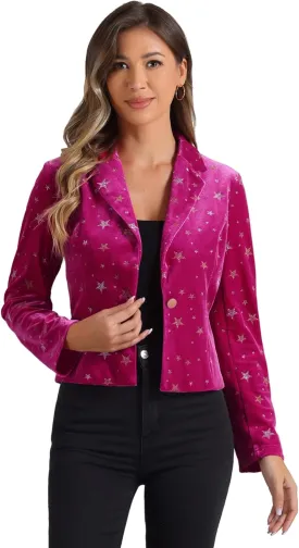 Allegra K Printed Velvet Blazer for Women's 1 Button Business Office Crop Halloween Metallic Stars Jacket Suits