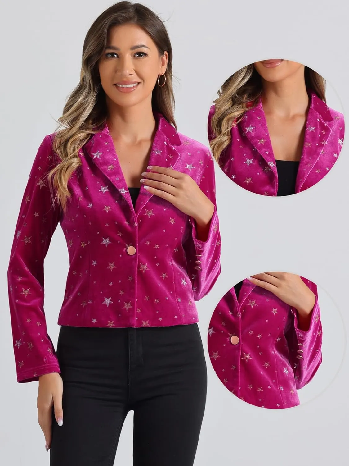 Allegra K Printed Velvet Blazer for Women's 1 Button Business Office Crop Halloween Metallic Stars Jacket Suits
