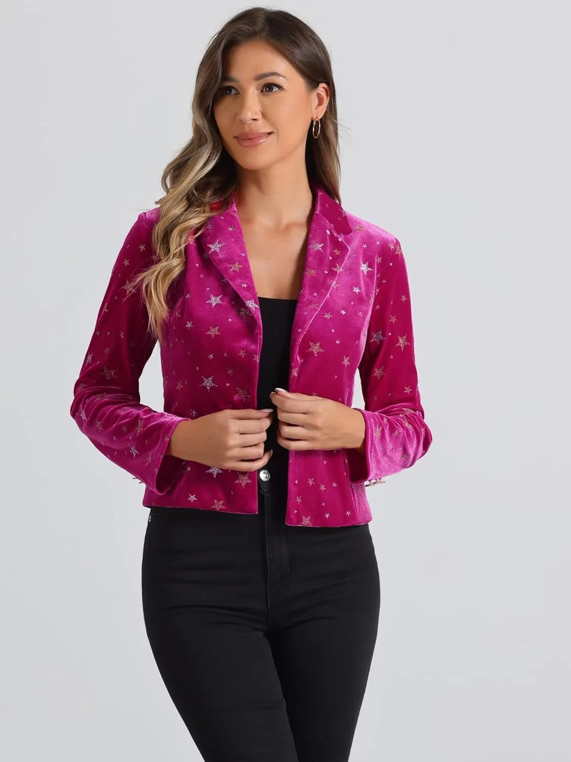 Allegra K Printed Velvet Blazer for Women's 1 Button Business Office Crop Halloween Metallic Stars Jacket Suits