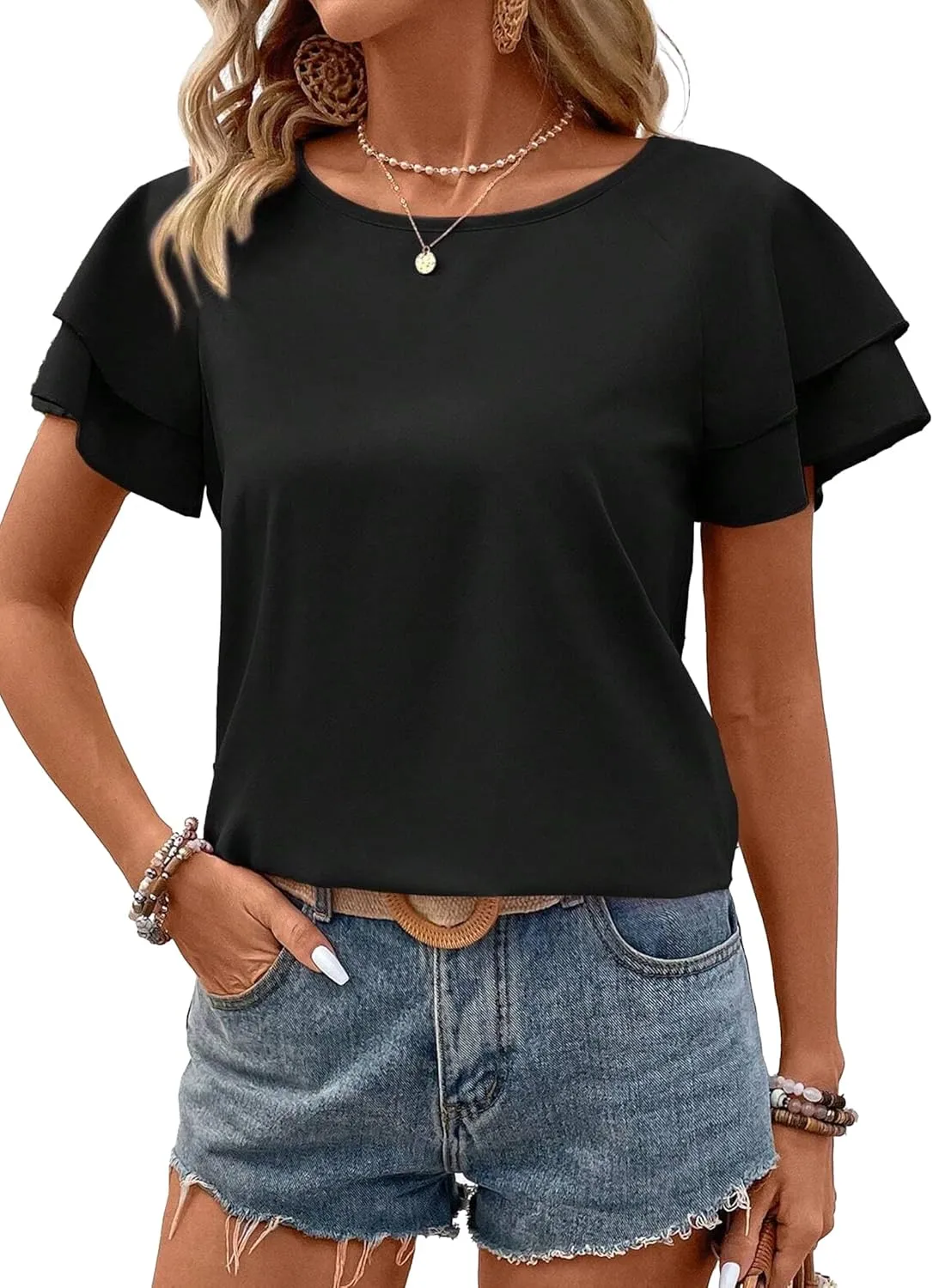 Avanova Women Print Ruffle Flutter Blouse Short Sleeve Work Business Top Shirt