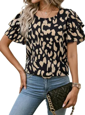 Avanova Women Print Ruffle Flutter Blouse Short Sleeve Work Business Top Shirt