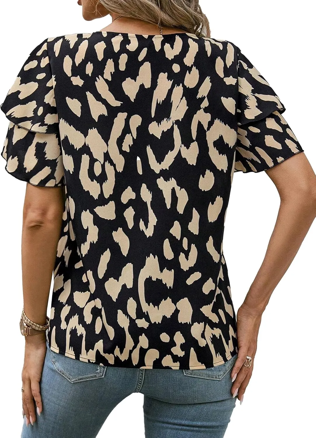 Avanova Women Print Ruffle Flutter Blouse Short Sleeve Work Business Top Shirt