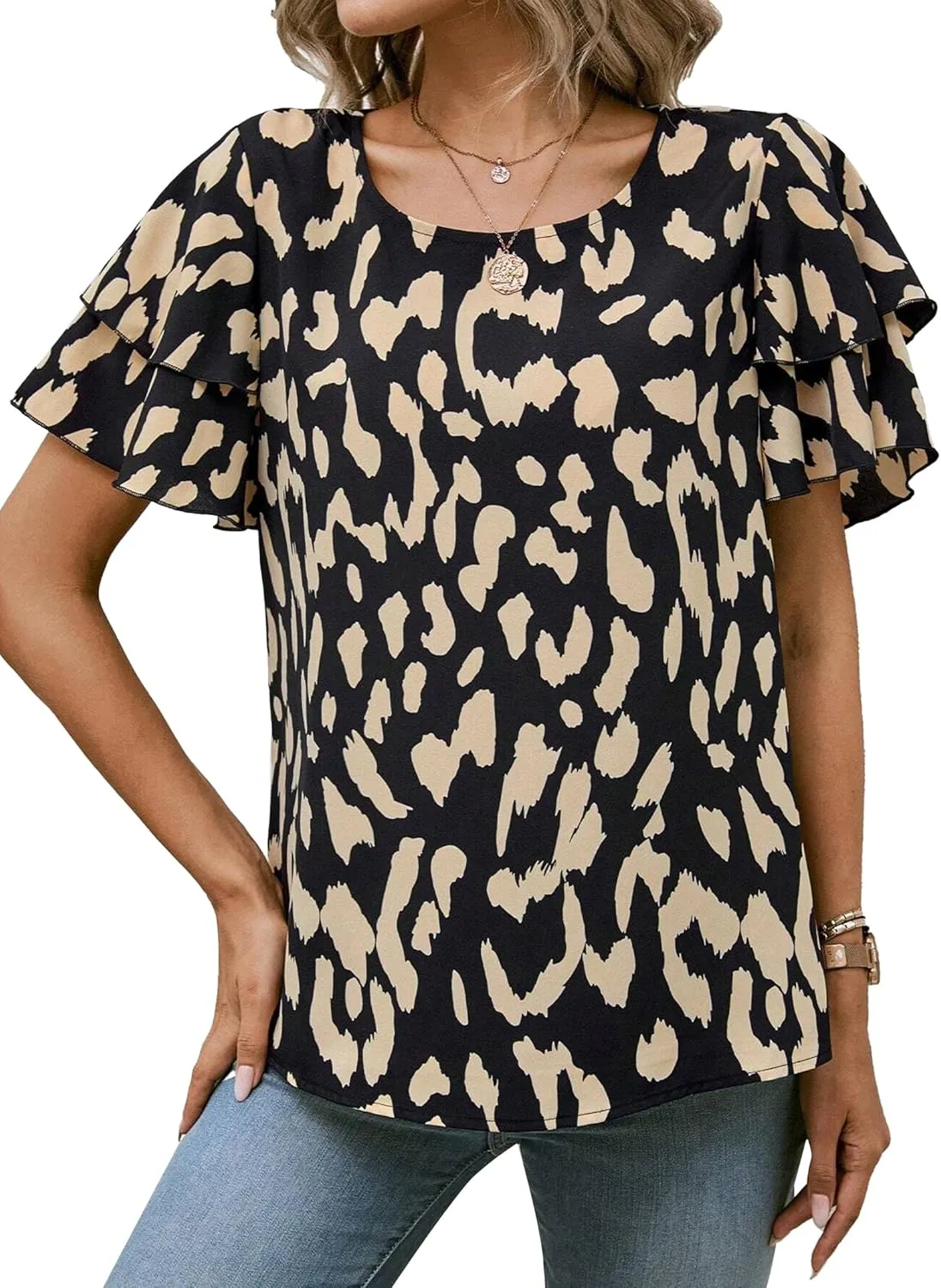 Avanova Women Print Ruffle Flutter Blouse Short Sleeve Work Business Top Shirt