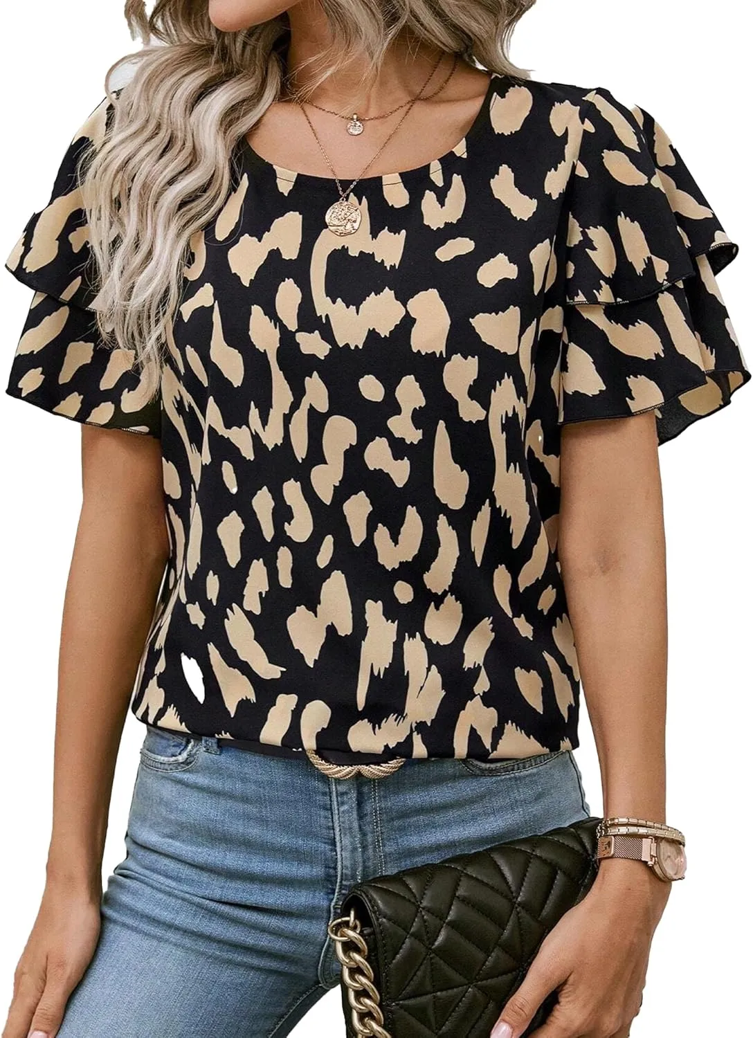 Avanova Women Print Ruffle Flutter Blouse Short Sleeve Work Business Top Shirt