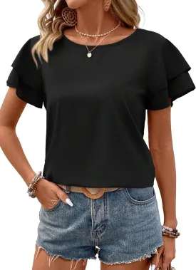 Avanova Women Print Ruffle Flutter Blouse Short Sleeve Work Business Top Shirt