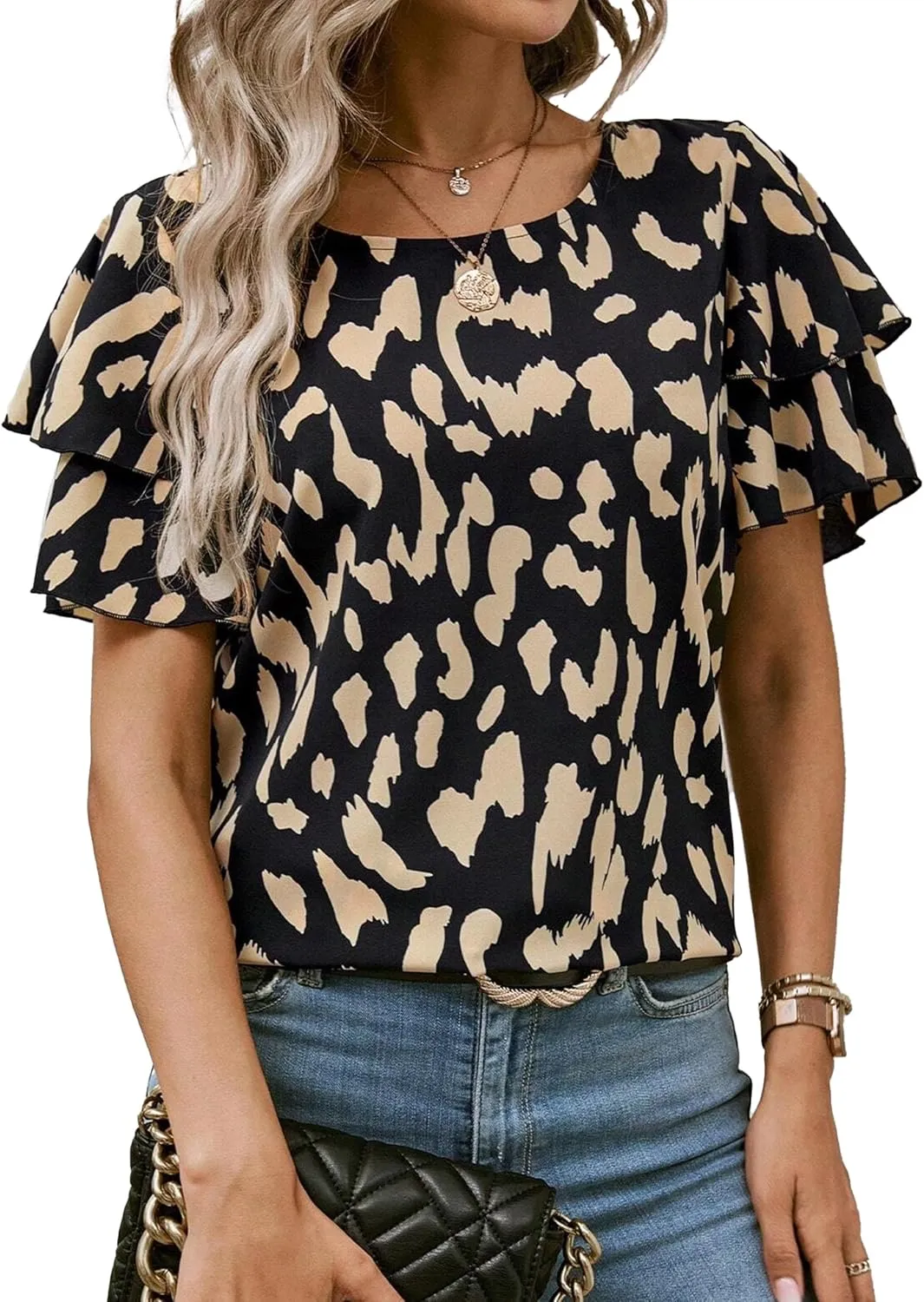 Avanova Women Print Ruffle Flutter Blouse Short Sleeve Work Business Top Shirt