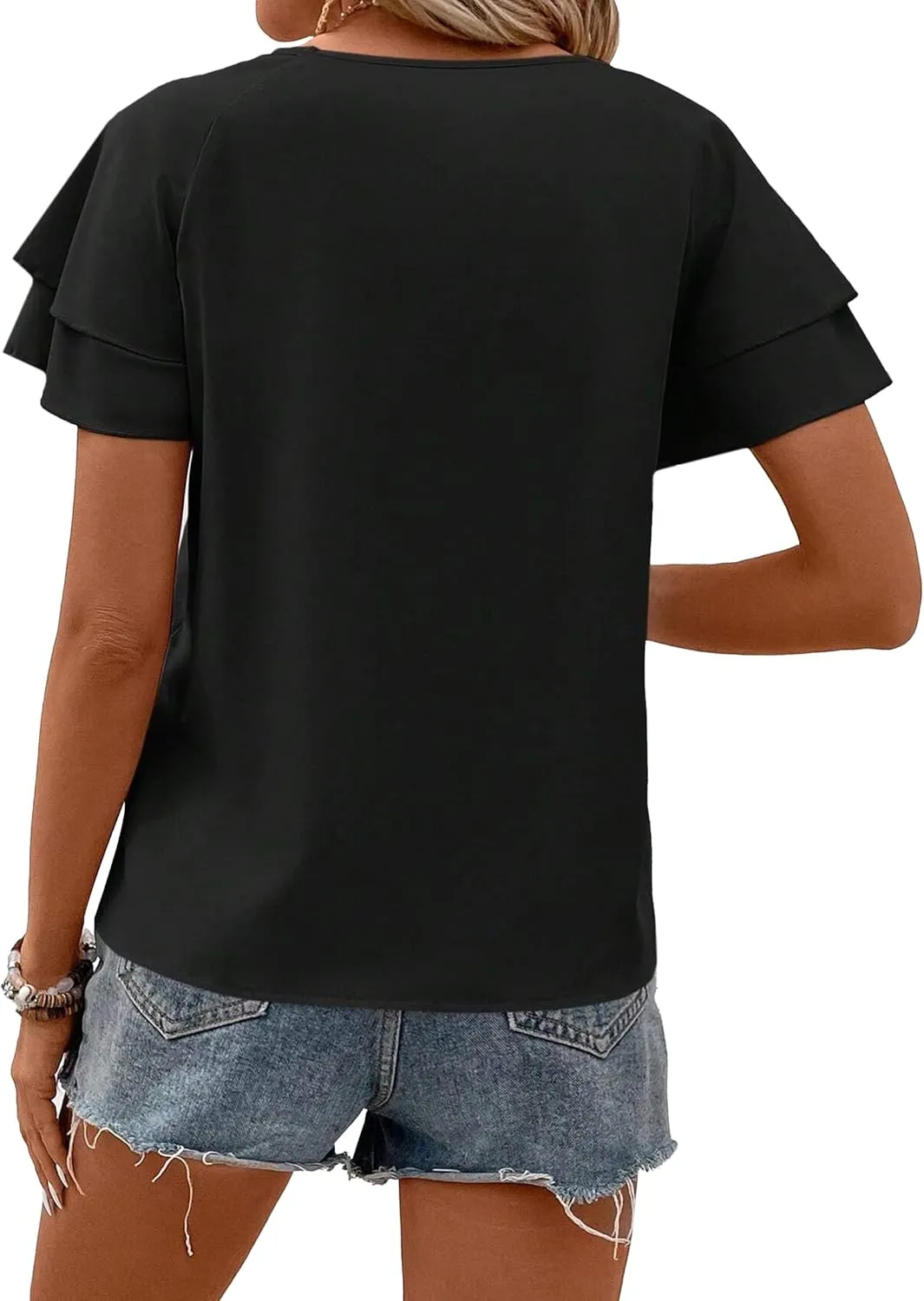 Avanova Women Print Ruffle Flutter Blouse Short Sleeve Work Business Top Shirt
