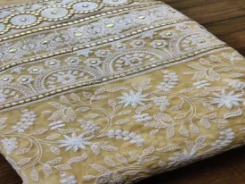 Beige & White Traditional Chikankari Mirror Work Embroidered Georgette Fabric (Wholesale)