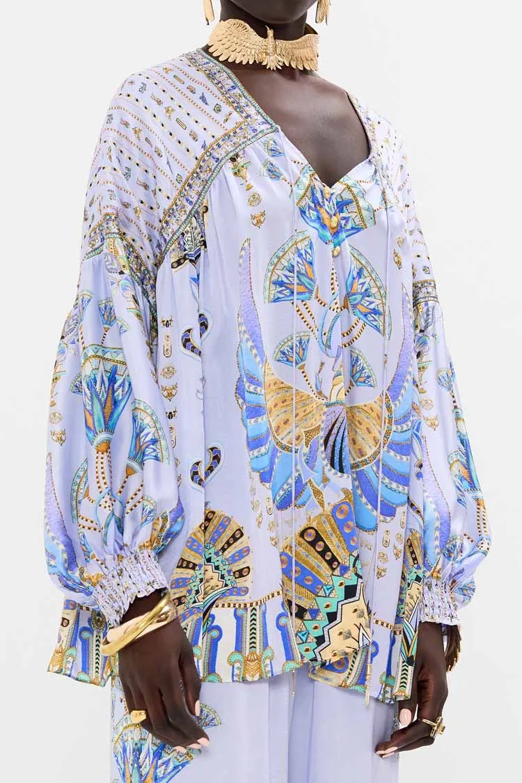 Blouson Blouse w Neck Tie in Under Scarab Skies