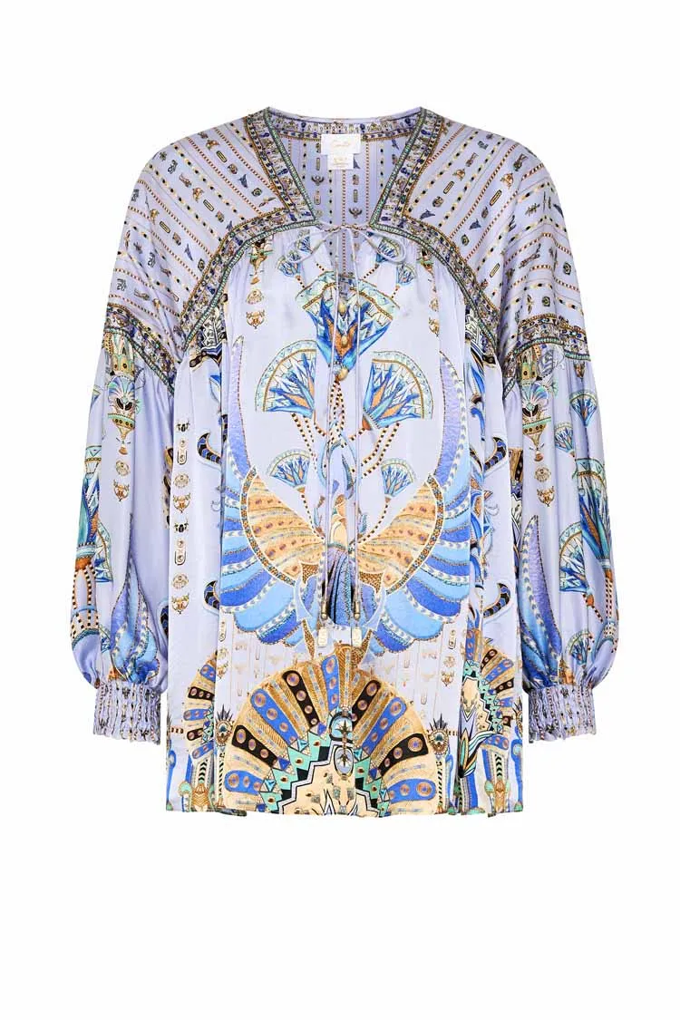 Blouson Blouse w Neck Tie in Under Scarab Skies