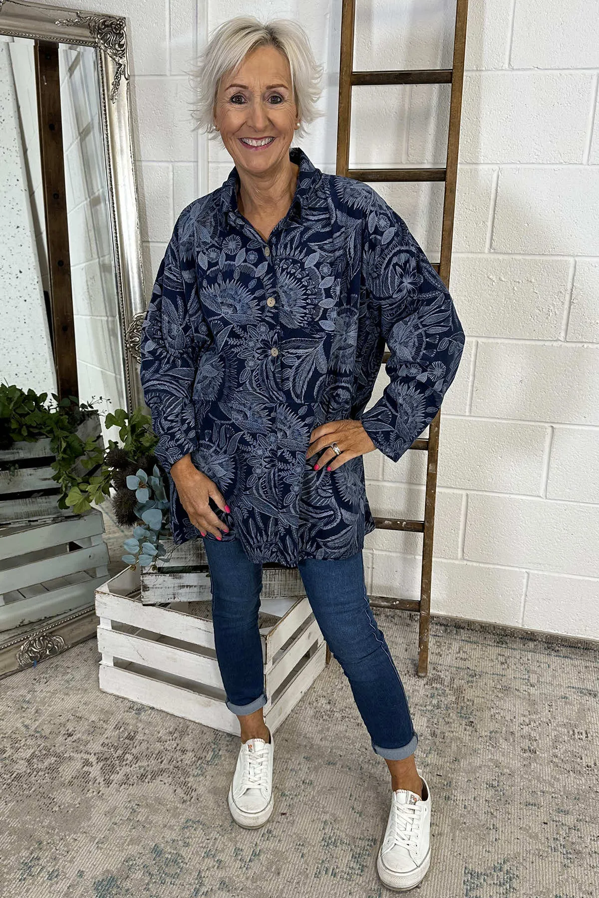 Catelyn Print Needlecord Top Navy