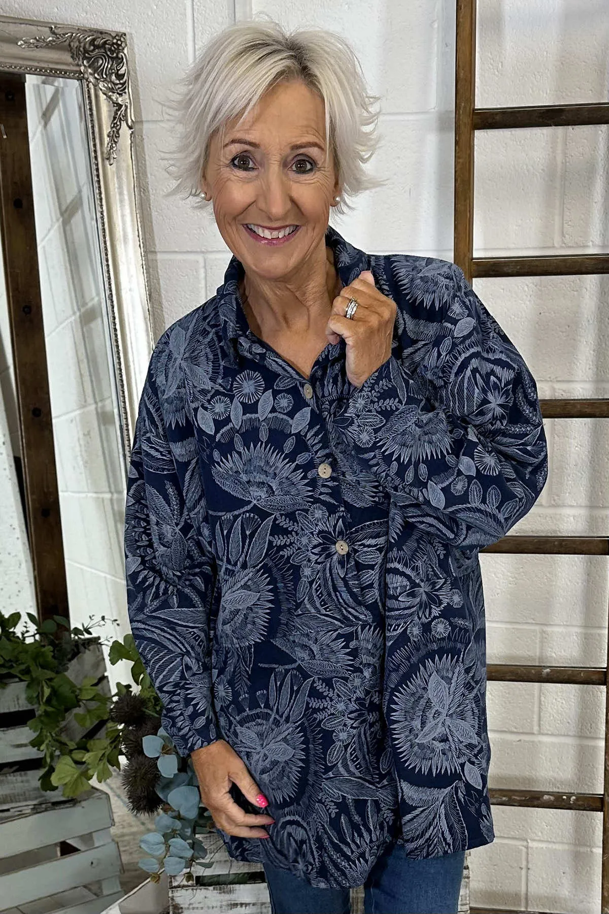 Catelyn Print Needlecord Top Navy