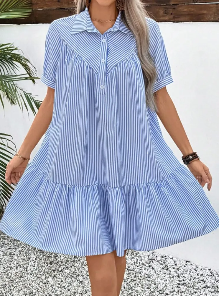 chouyatou Women's Summer Striped Short Sleeve Polo Shirt Dress Button Up Ruffle Hem Tunic Mini Dress with Pockets