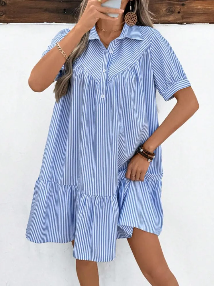 chouyatou Women's Summer Striped Short Sleeve Polo Shirt Dress Button Up Ruffle Hem Tunic Mini Dress with Pockets