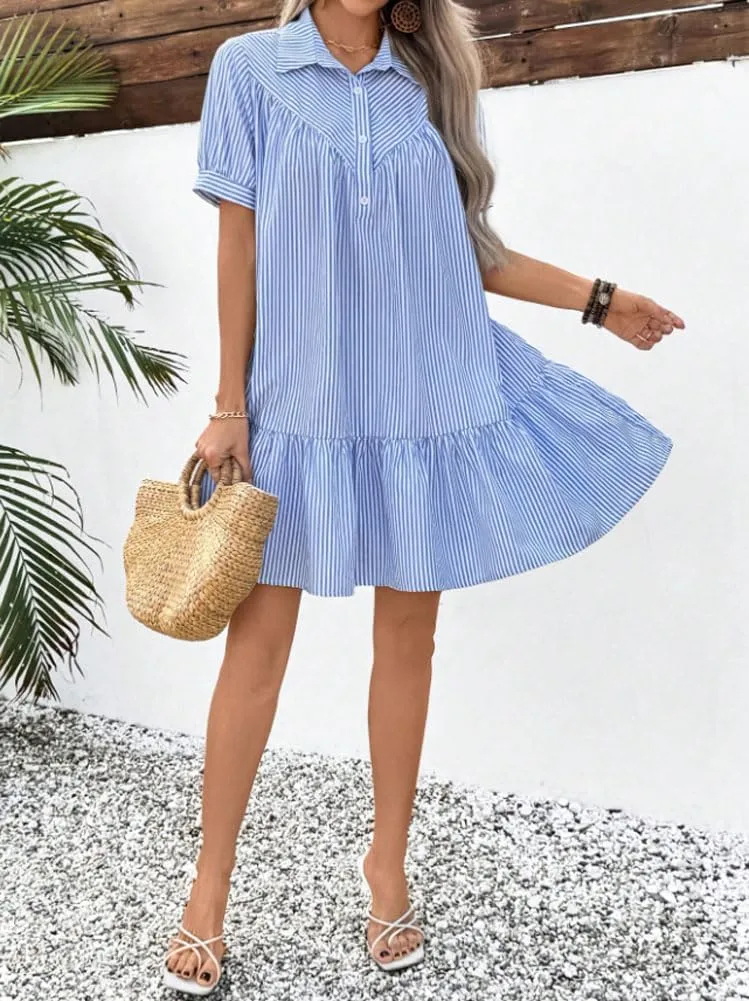 chouyatou Women's Summer Striped Short Sleeve Polo Shirt Dress Button Up Ruffle Hem Tunic Mini Dress with Pockets