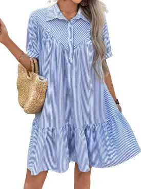 chouyatou Women's Summer Striped Short Sleeve Polo Shirt Dress Button Up Ruffle Hem Tunic Mini Dress with Pockets