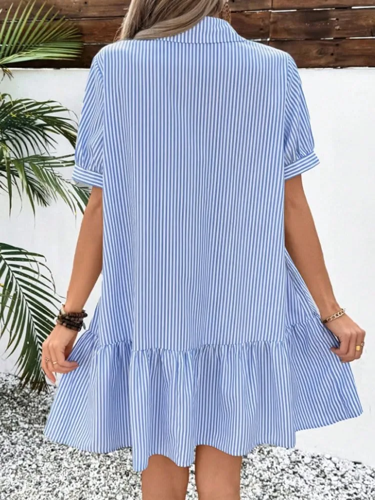 chouyatou Women's Summer Striped Short Sleeve Polo Shirt Dress Button Up Ruffle Hem Tunic Mini Dress with Pockets