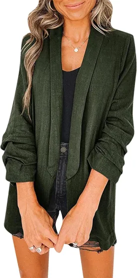 FLITAY Womens Spring Casual Ruched 3/4 Sleeve Blazer Lapel Loose Work Office Jackets
