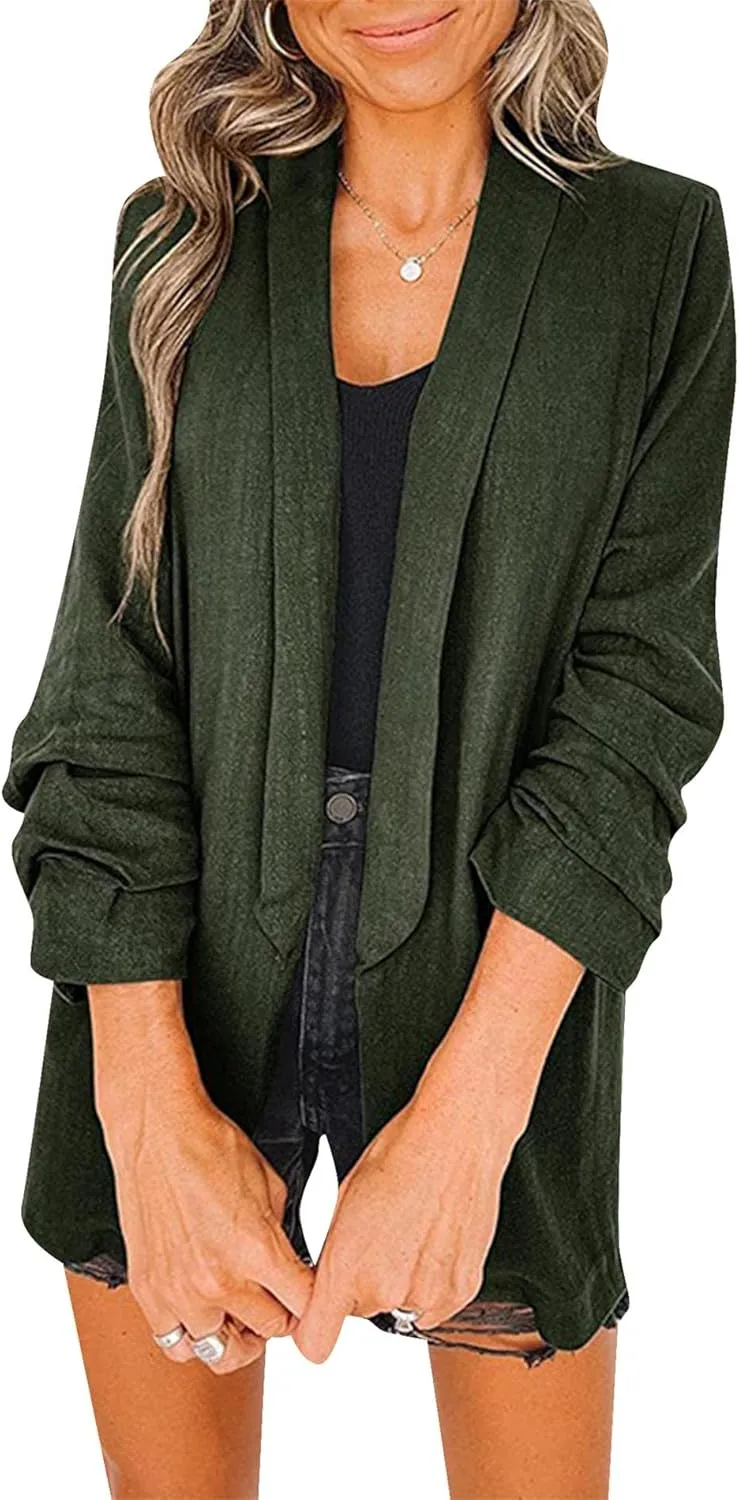 FLITAY Womens Spring Casual Ruched 3/4 Sleeve Blazer Lapel Loose Work Office Jackets