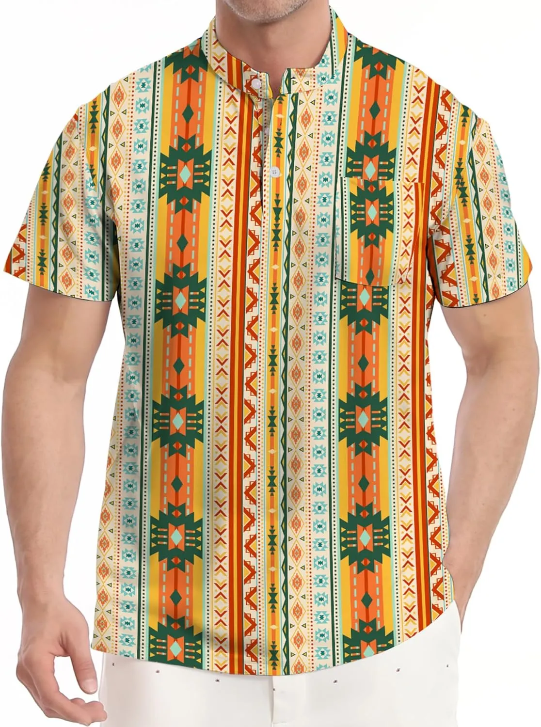 Golf Shirts for Men Printed Henley Shirts Collarless Golf Polo Shirt Short Sleeve with Pocket