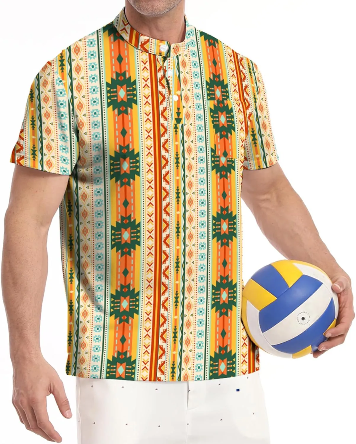 Golf Shirts for Men Printed Henley Shirts Collarless Golf Polo Shirt Short Sleeve with Pocket