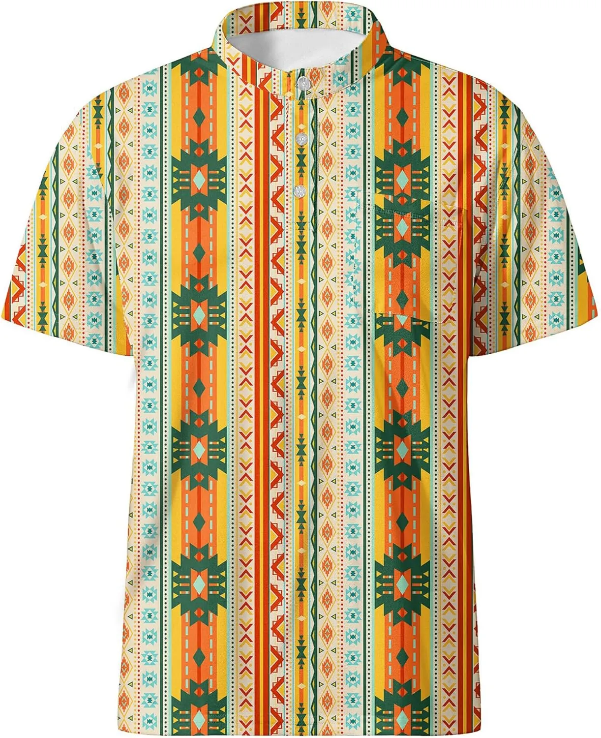 Golf Shirts for Men Printed Henley Shirts Collarless Golf Polo Shirt Short Sleeve with Pocket