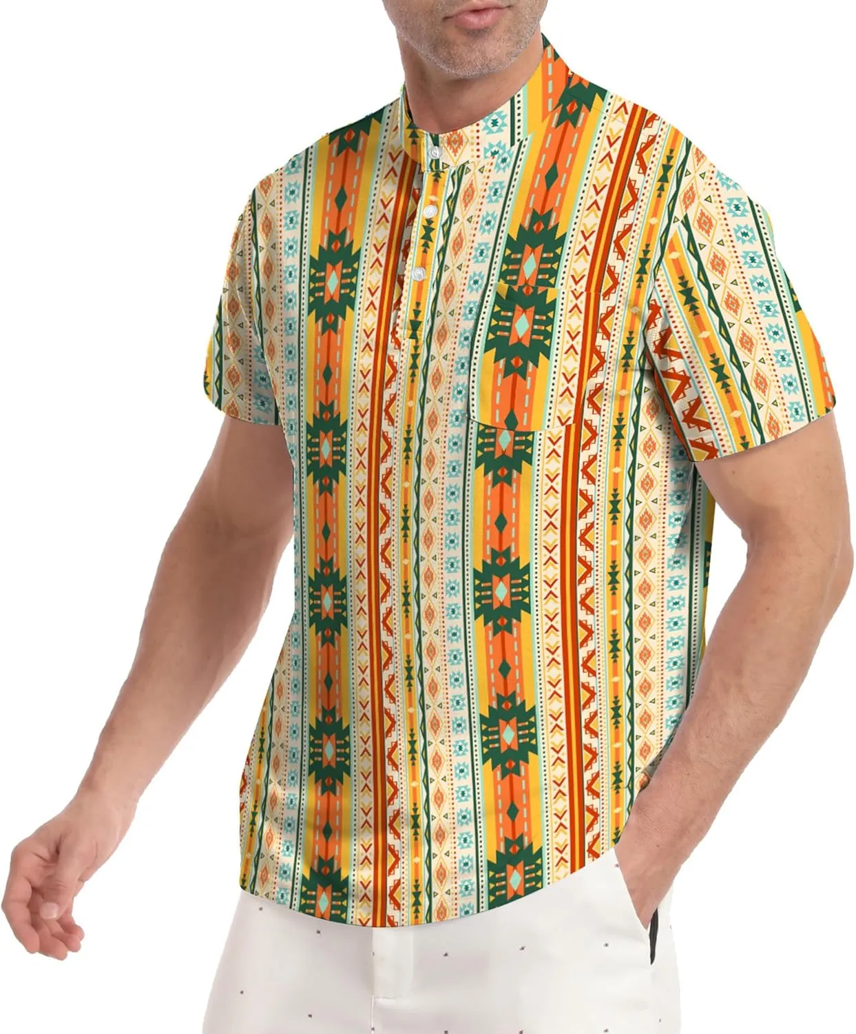 Golf Shirts for Men Printed Henley Shirts Collarless Golf Polo Shirt Short Sleeve with Pocket