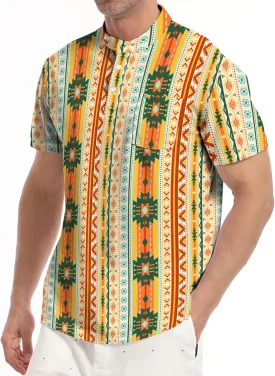 Golf Shirts for Men Printed Henley Shirts Collarless Golf Polo Shirt Short Sleeve with Pocket