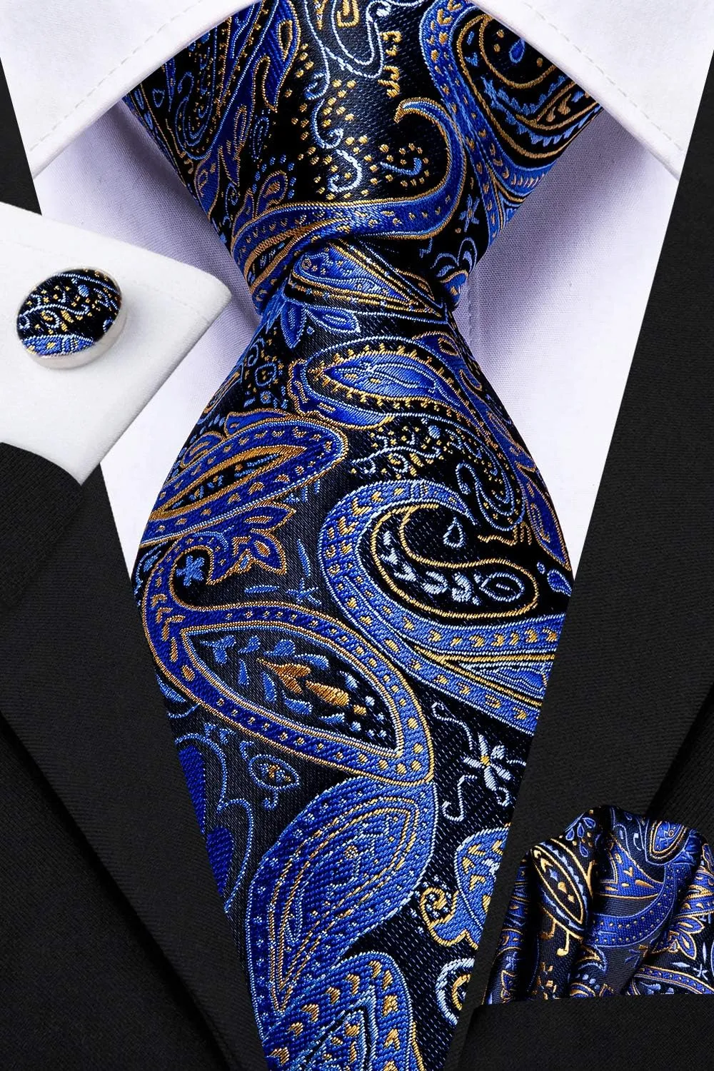 Hi-Tie 3 Pcs Gift Box Mens Tie Set Necktie with Pocket Square Cufflinks Lapel Pin Silk Neck Tie Collection