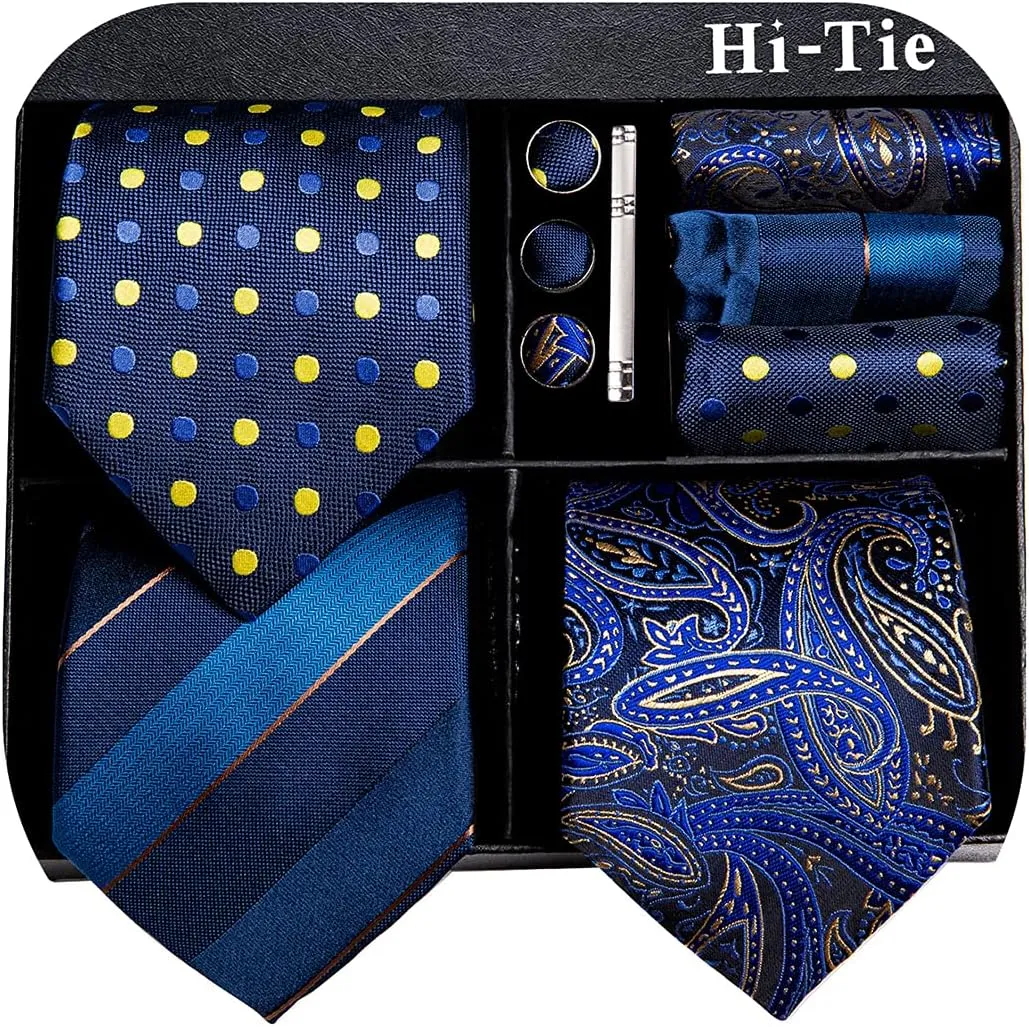 Hi-Tie 3 Pcs Gift Box Mens Tie Set Necktie with Pocket Square Cufflinks Lapel Pin Silk Neck Tie Collection