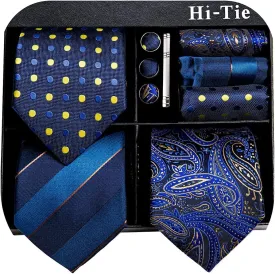 Hi-Tie 3 Pcs Gift Box Mens Tie Set Necktie with Pocket Square Cufflinks Lapel Pin Silk Neck Tie Collection