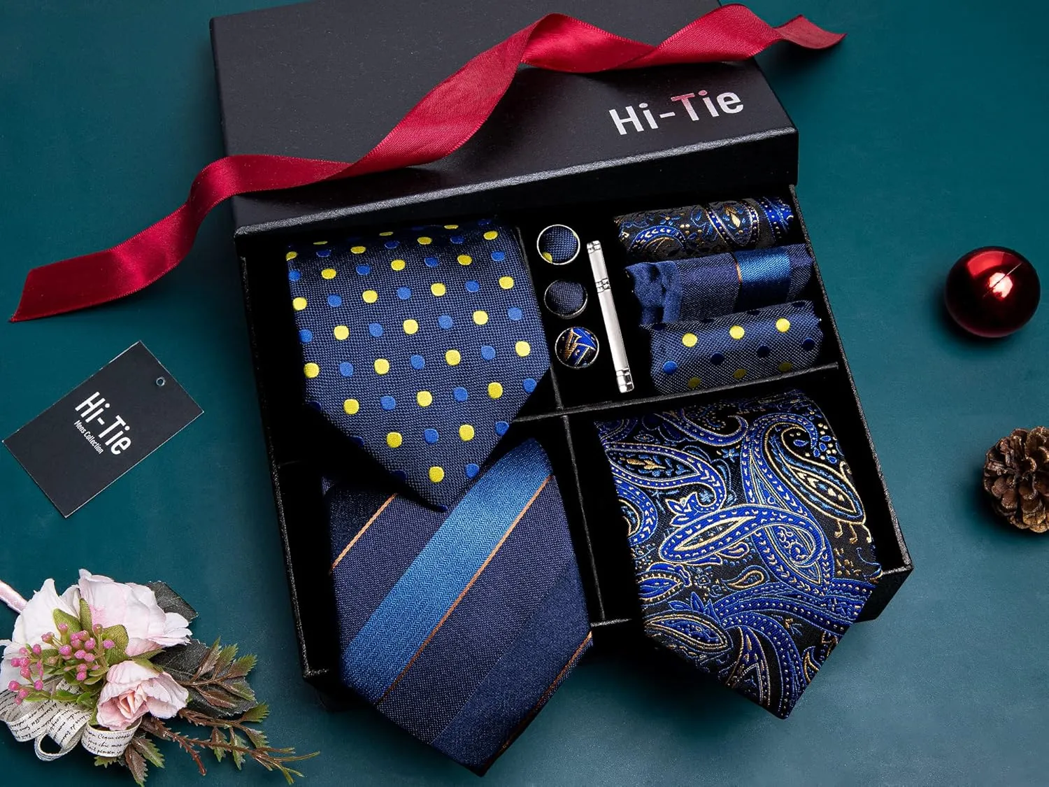 Hi-Tie 3 Pcs Gift Box Mens Tie Set Necktie with Pocket Square Cufflinks Lapel Pin Silk Neck Tie Collection