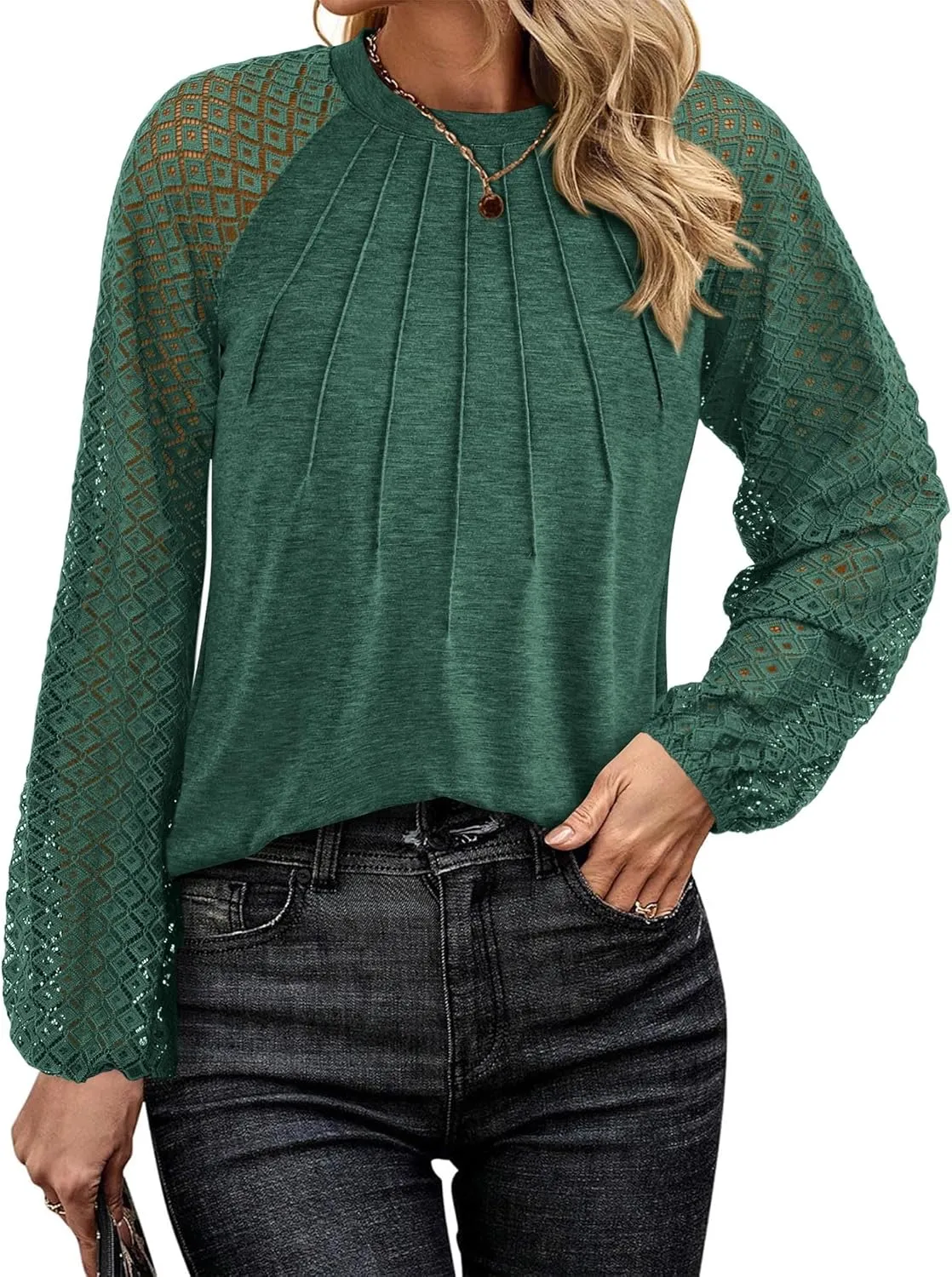 KIRUNDO Womens Tops 2025 Trendy Spring Lace Long Sleeve Dressy Casual Blouses Pleated Business Work Shirts Clothing