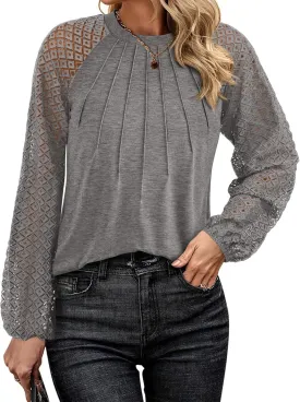 KIRUNDO Womens Tops 2025 Trendy Spring Lace Long Sleeve Dressy Casual Blouses Pleated Business Work Shirts Clothing