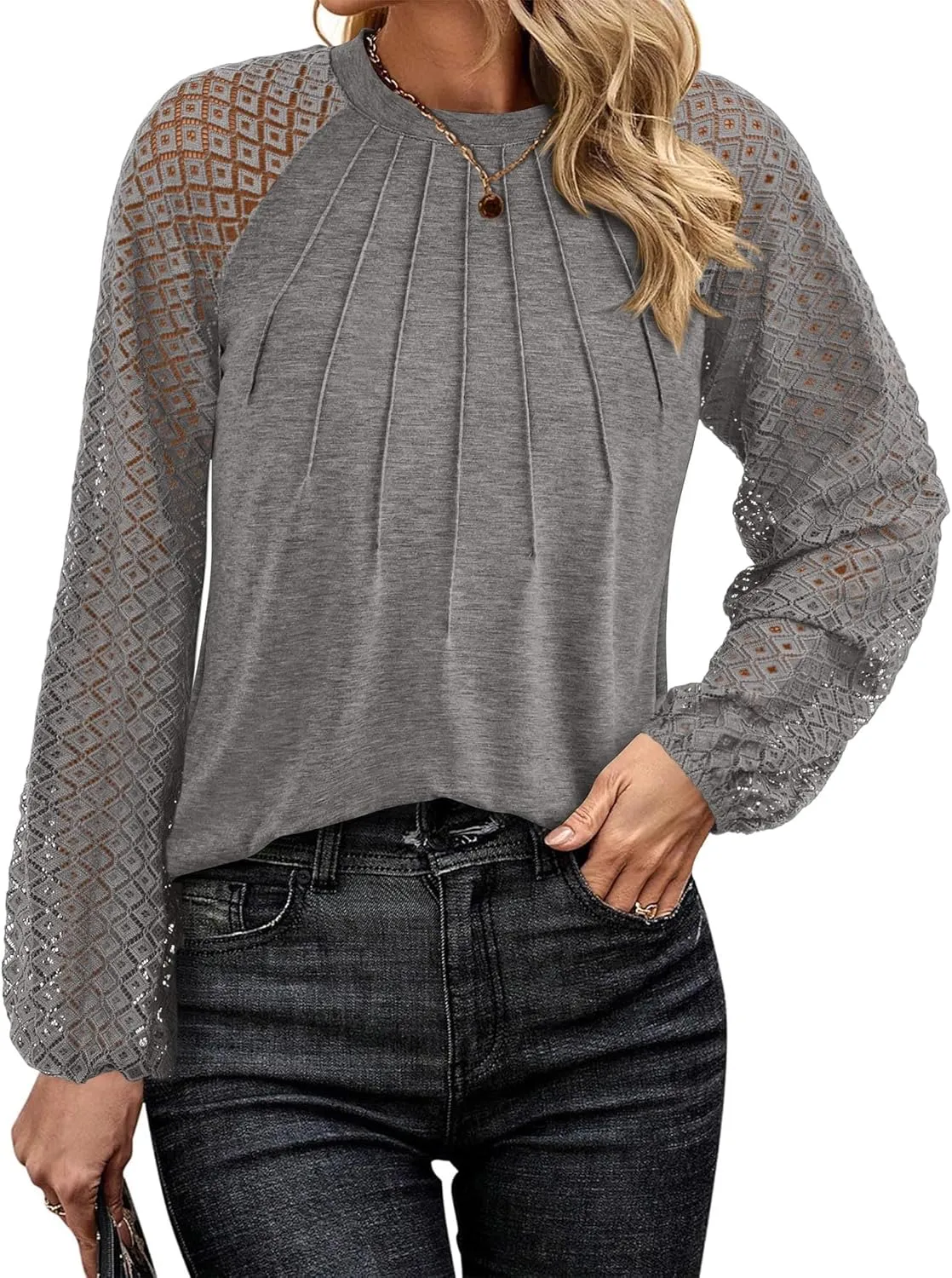 KIRUNDO Womens Tops 2025 Trendy Spring Lace Long Sleeve Dressy Casual Blouses Pleated Business Work Shirts Clothing