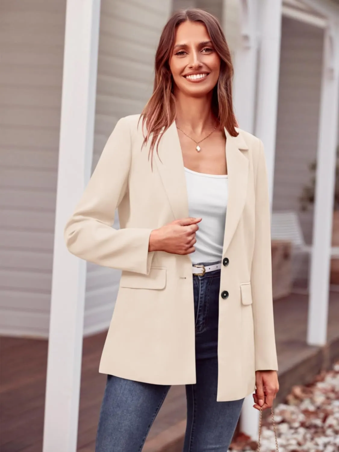 MASCOMODA Casual Blazer Jackets for Women 2024 Fall Long Sleeve Open Front Button Work Office Suit Jacket with Pockets