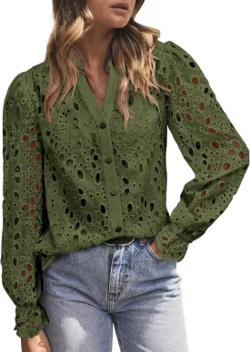MASCOMODA Womens Tops Dressy Casual Fall Puff Long Sleeve Eyelet Button Shirts V Neck Lace Embroidered Hollow Out Work Blouse