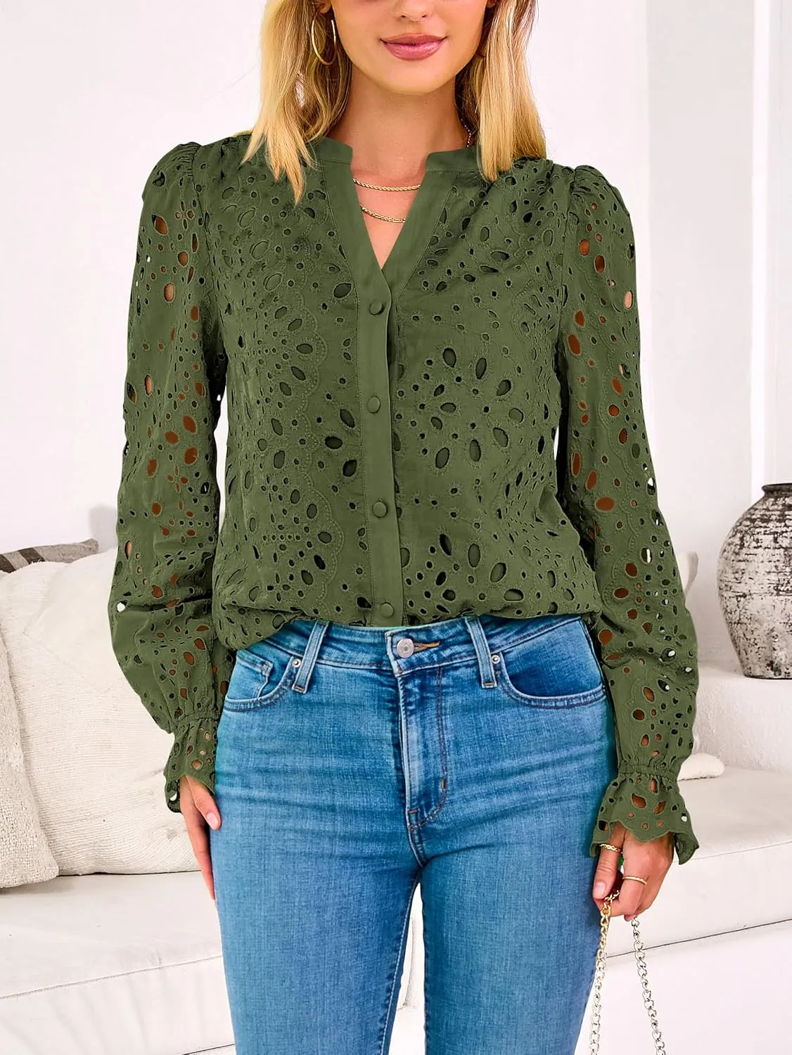 MASCOMODA Womens Tops Dressy Casual Fall Puff Long Sleeve Eyelet Button Shirts V Neck Lace Embroidered Hollow Out Work Blouse