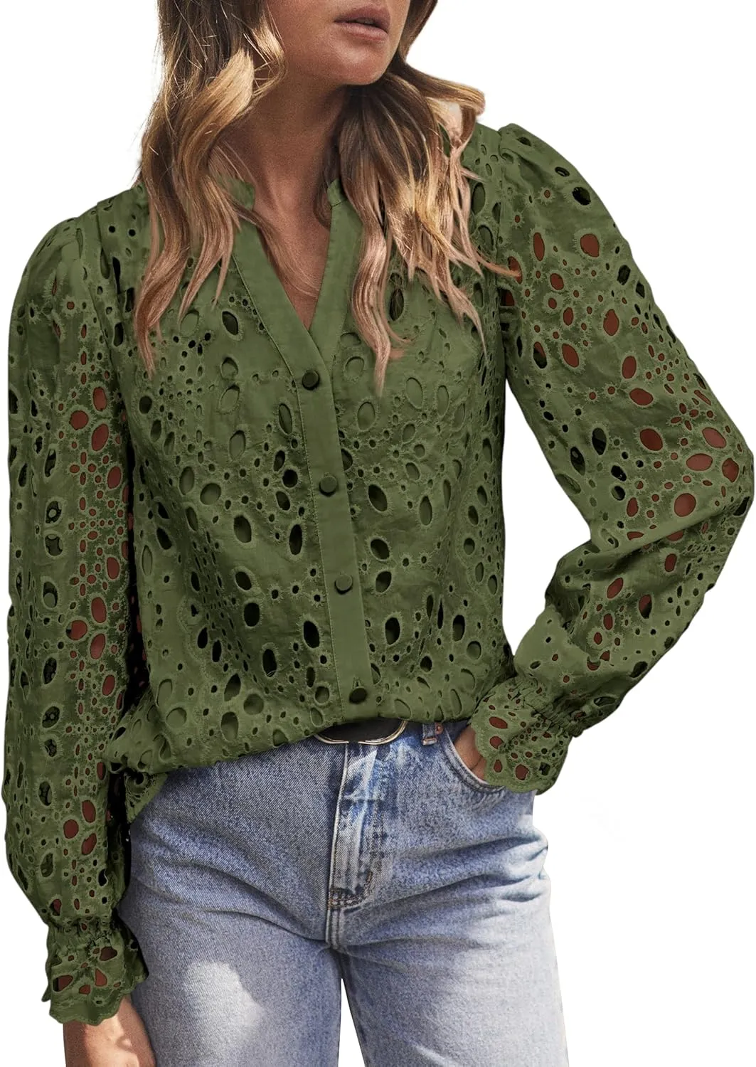MASCOMODA Womens Tops Dressy Casual Fall Puff Long Sleeve Eyelet Button Shirts V Neck Lace Embroidered Hollow Out Work Blouse