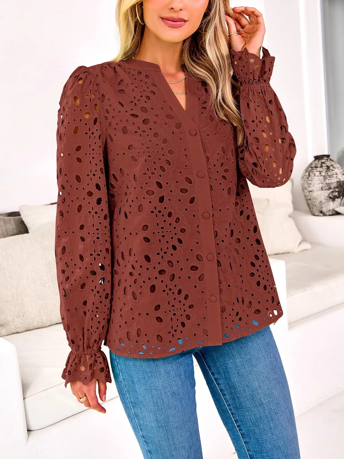 MASCOMODA Womens Tops Dressy Casual Fall Puff Long Sleeve Eyelet Button Shirts V Neck Lace Embroidered Hollow Out Work Blouse