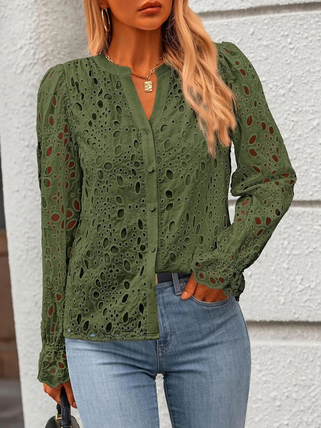 MASCOMODA Womens Tops Dressy Casual Fall Puff Long Sleeve Eyelet Button Shirts V Neck Lace Embroidered Hollow Out Work Blouse