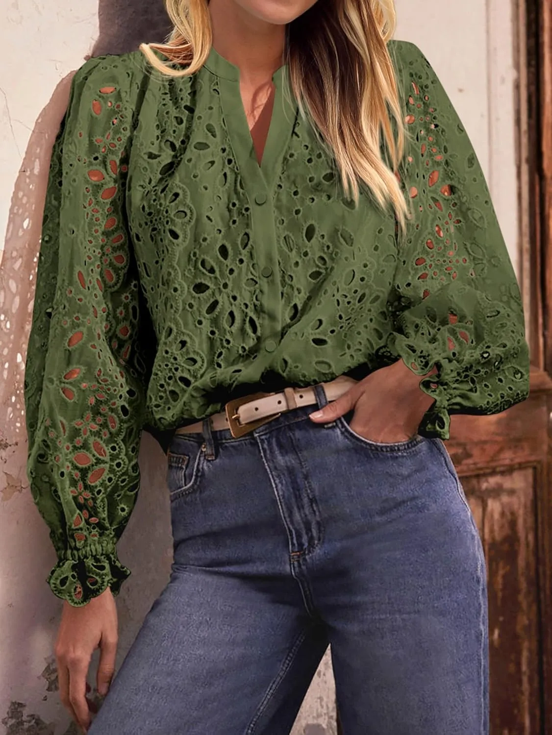MASCOMODA Womens Tops Dressy Casual Fall Puff Long Sleeve Eyelet Button Shirts V Neck Lace Embroidered Hollow Out Work Blouse
