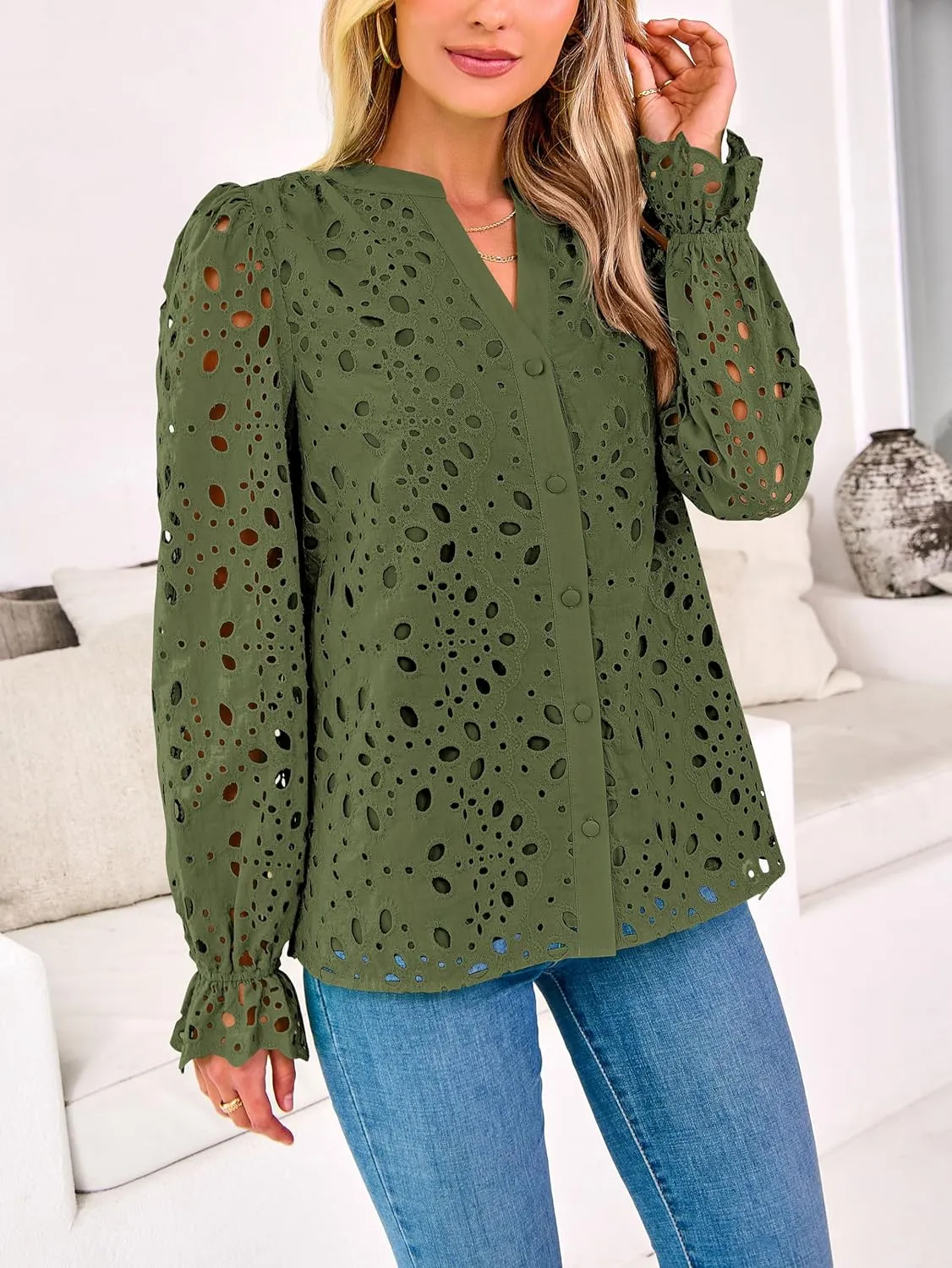 MASCOMODA Womens Tops Dressy Casual Fall Puff Long Sleeve Eyelet Button Shirts V Neck Lace Embroidered Hollow Out Work Blouse