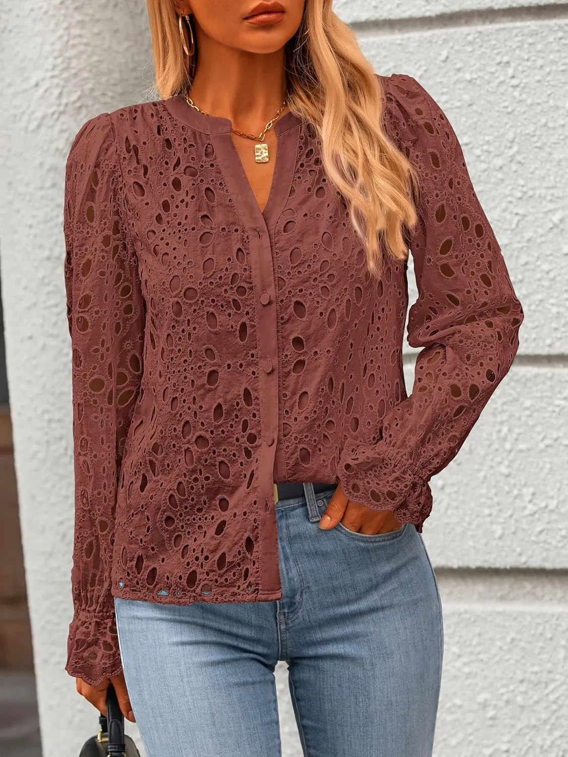 MASCOMODA Womens Tops Dressy Casual Fall Puff Long Sleeve Eyelet Button Shirts V Neck Lace Embroidered Hollow Out Work Blouse