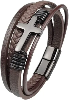 Mens Brown Leather Bracelet Multi-Layer Braided Leather Cross Bracelet Religious Confirmation Gifts