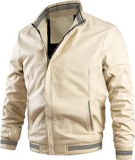 Men's Cotton Jacket Long Sleeve Lightweight Banded Collar Baseball Bomber Jacket Windbreaker