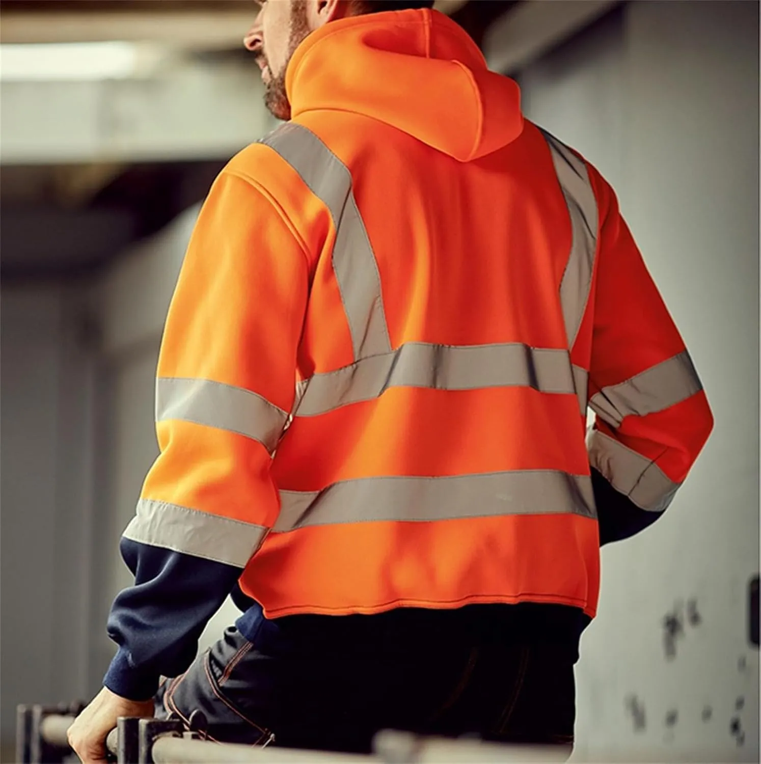 Mens High Visibility Safety Jacket Reflective High Vis Construction Work Bomber Coats Zipper Hoodies Sweatshirt Jacket
